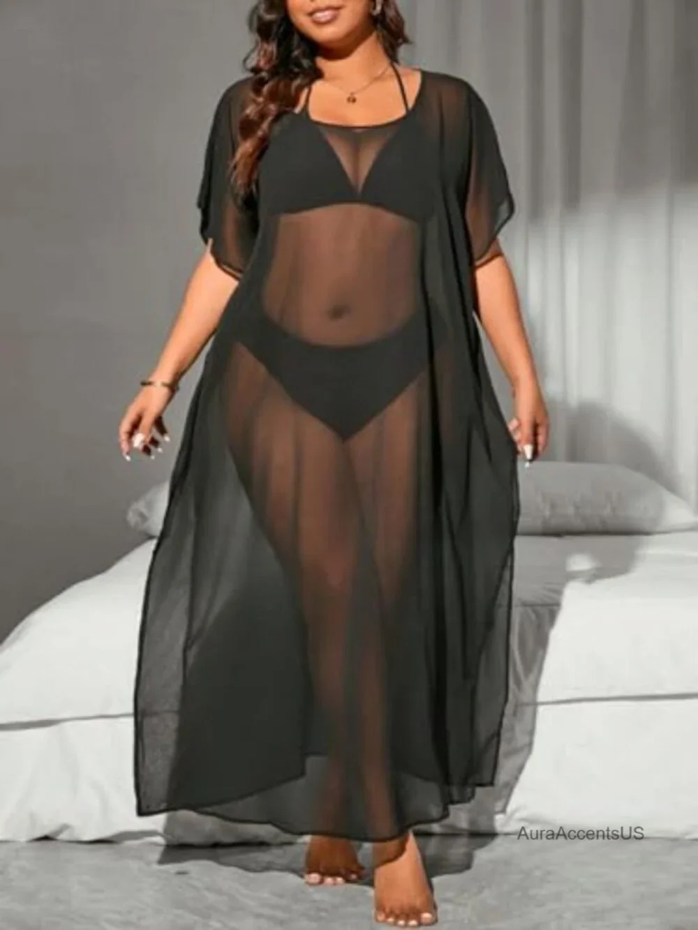 Plus Size One Shoulder Sheer Mesh Split Thigh Loose Coverup Dress Beach Swimwear